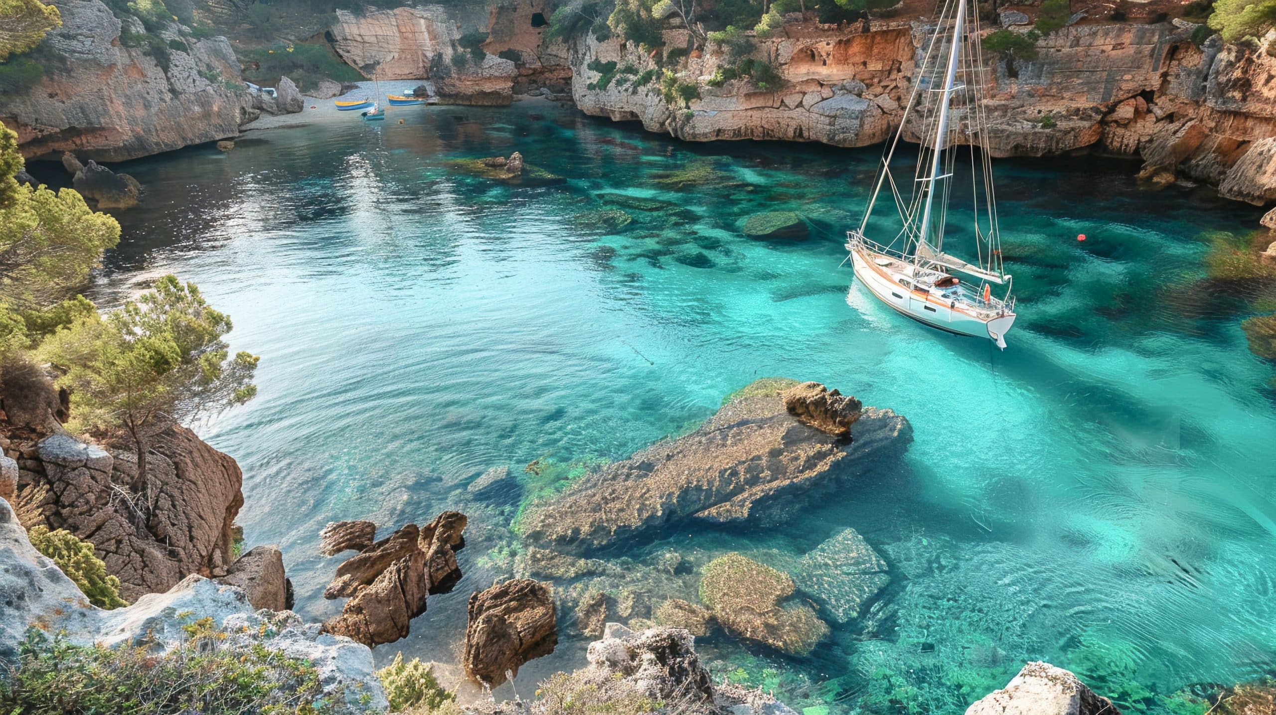 fotografia de velero sobre aguas turquesa en una cala de palma de mallorca en verarno --ar 16:9 Job ID: 82f8491e-9700-4fcc-be1b-02da0e0b0745